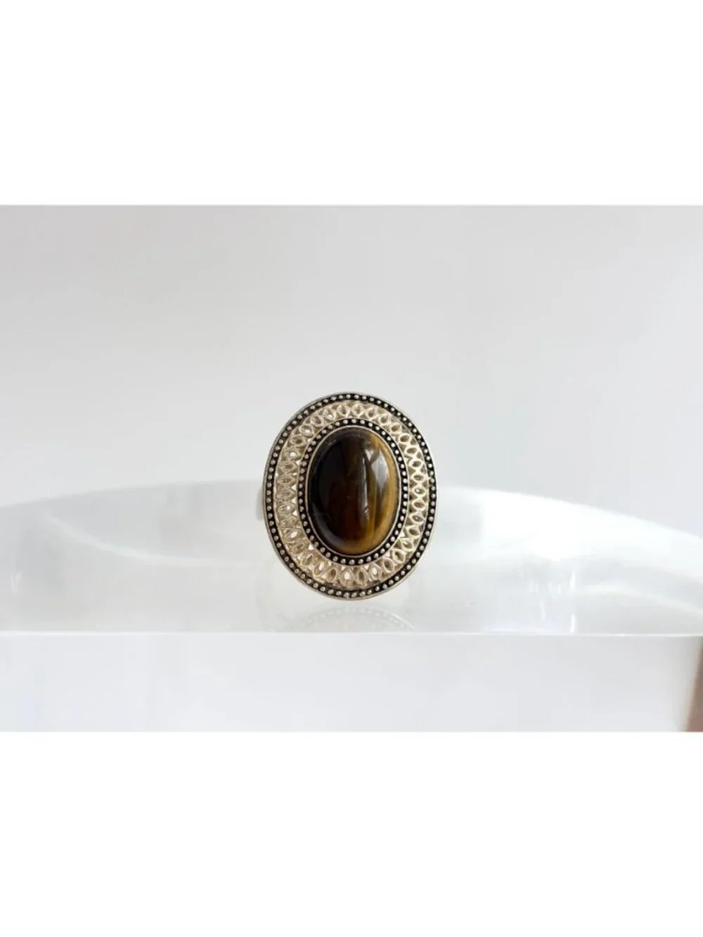 Genuine Tiger's Eye Gemstone Filigree Sterling Silver 925 Vintage Ring - sz 8